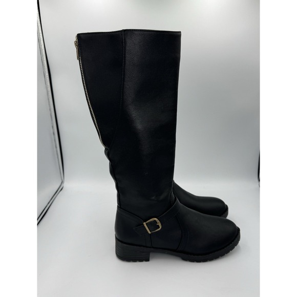 Black Knee High Riding Boots Women's 7 Faux Leather Lightweight Zip Buckle - Picture 1 of 8